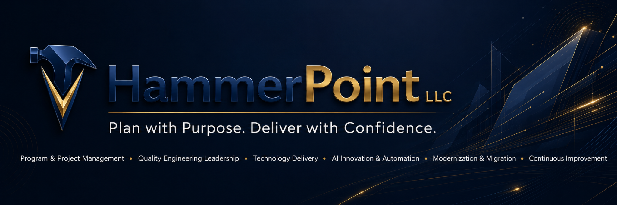 HammerPoint LLC — Plan with Purpose. Deliver with Confidence. Program and Project Management, Quality Engineering Leadership, Technology Delivery, AI Innovation and Automation, Modernization and Migration, and Continuous Improvement.